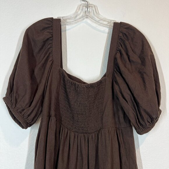 Brown Babydoll Linen Dress Mini Peasant Medium - Picture 6 of 11
